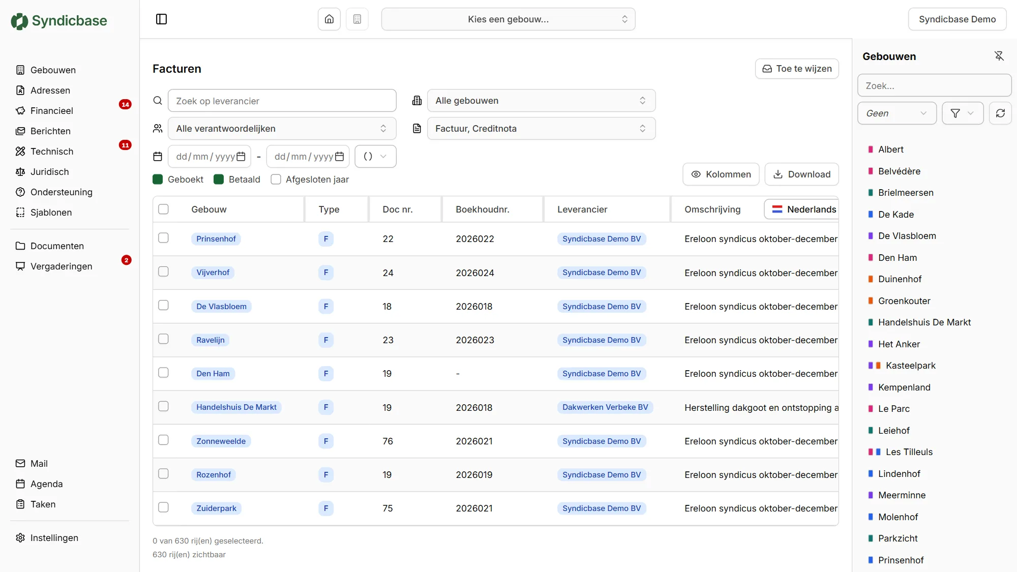 Het Syndicbase-dashboard met de gebouwen, taken en meldingen van een syndicuskantoor